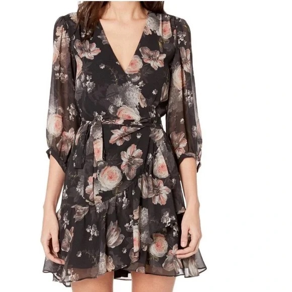 ALL SAINTS Jade Eden floral wrap mini dress size XS black long sleeve - Picture 6 of 12